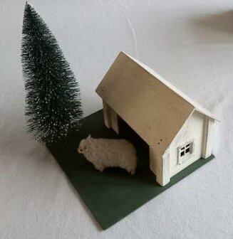 Kerststalletje antieke oude vintage brocante wollen wattenschaapje borstel kerstboom Christmas barn cotton sheep 3