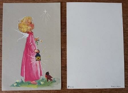 Oude vintage brocante kleine kaartje roze engeltje lantaarn ster religious small card angel