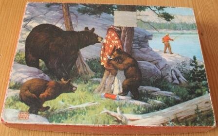 Oude houten puzzel 3 beren en visser in 't bos