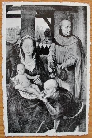 Oude ansichtkaart Maria met kind en mannen