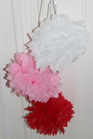 3 Papieren pompons, 3D decoratie wit/roze/rood