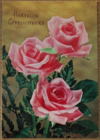 Oude ansichtkaart roze roosjes Gefeliciteerd onbeschreven