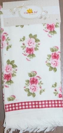 Brocante handdoekje met roze roosjes en ruitjes Clayre & Eef
