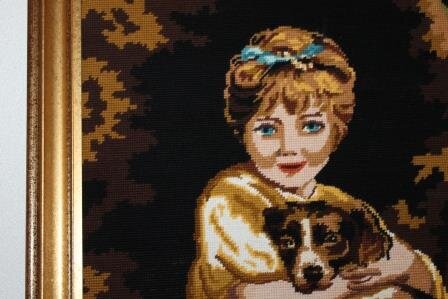 Groot Frans brocante borduurwerk meisje met hond