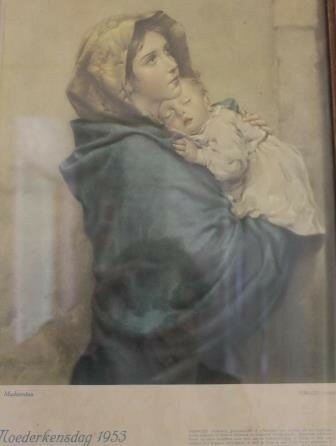 Oude brocante prent in lijst Madonna m kind Moederkensdag 1953
