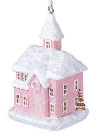 Brocante kerstboom hanger roze huisje, kerkje Clayre & Eef