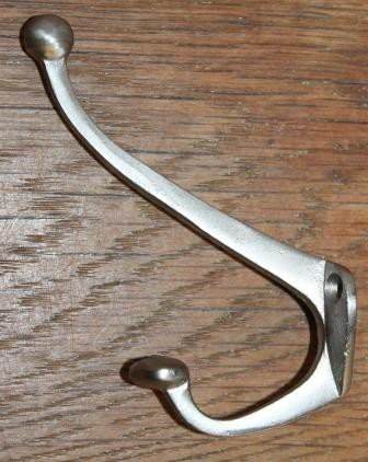 Sober brocante double wall or coat hook silvercolored metal