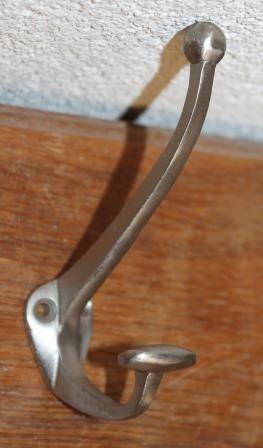 Sober brocante double wall or coat hook silvercolored metal