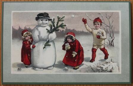 Nostalgic Christmas postcard children, snowman & snowballs