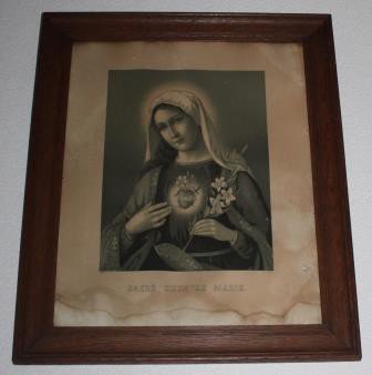 Grote Franse brocante religieuze prent Maria heilig hart in houten lijst
