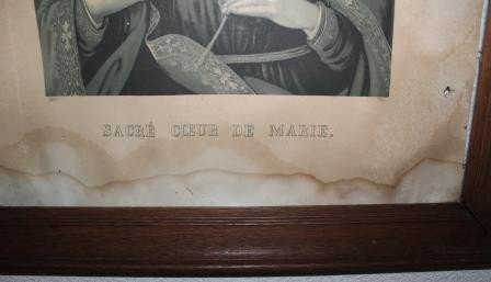 Grote Franse brocante religieuze prent Maria heilig hart in houten lijst