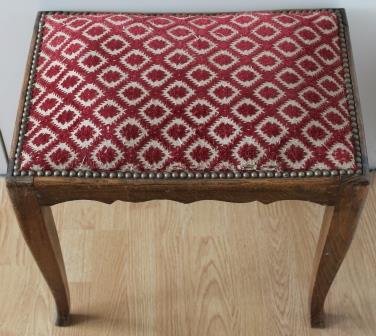 Large brocante wooden footstool, stool burgundy red fabric