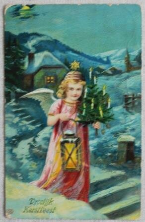 Antieke vintage brocante kerstkaart engeltje met lantaarn, kleur