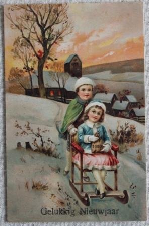Antique vintage brocante Christmas postcard children on sledge, color