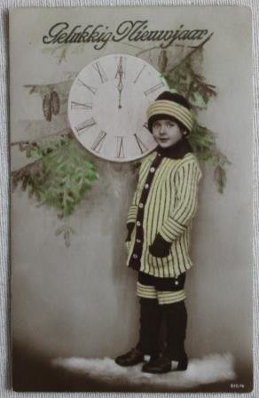 Antique vintage brocante Christmas postcard child with clock, colored