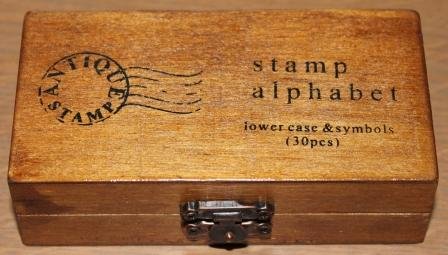 Stamp set Antique wooden box letters symbols alphabet