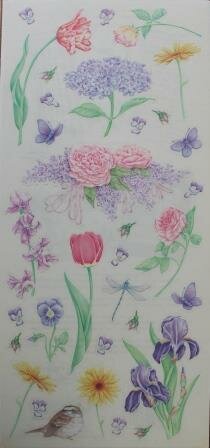 Sticker sheet brocante pastel botanical flowers, insects & bird