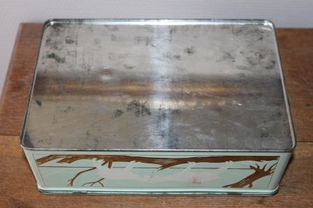 Large vintage brocante tin with key and lock mint green village