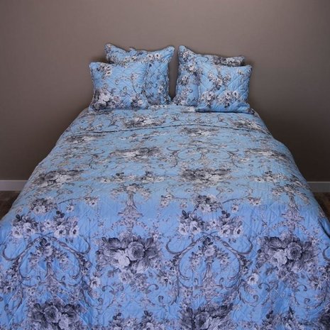 Bedsprei 240x260 cm plaid quilt bouti lichtblauwe grijze rozen roos Griekse tuinvaas Clayre and Eef Q192.061 b