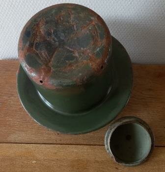Oude vintage brocante donkergroene emaillen zakketel kachel enamel kettle 4