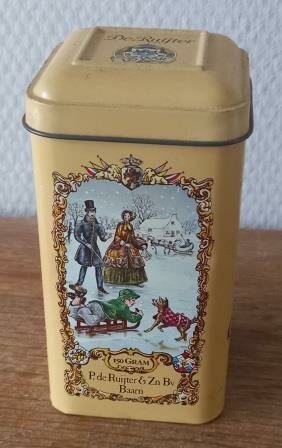 Oud vintage brocante blikje De Ruijter's chocoladevlokken melk winter 125 jaar Dutch tin container 1