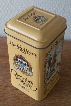 Oud vintage brocante blikje De Ruijter's chocoladevlokken melk winter 125 jaar Dutch tin container