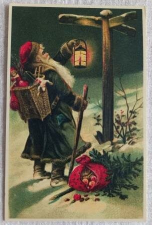 Vintage brocante kerstkaart ansichtkaart nostalgische kerstman zoekt zijn weg in sneeuw Christmas postcard Santa Claus