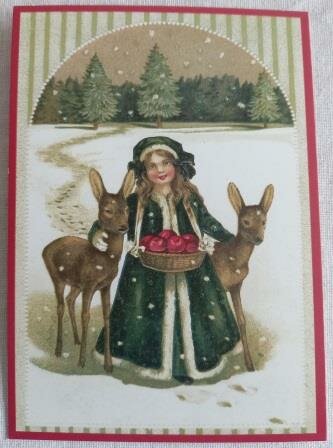 Vintage brocante kerstkaart ansicht meisje appels hertjes sneeuw glitters Christmas postcard girl deer snow
