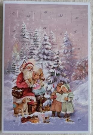 Vintage brocante adventskalender kaart envelop kerstman zingt met kinderen advent calender postcard Santa Claus