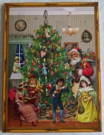 Nostalgische vintage brocante adventskalender kaart kerstman kinderen rond kerstboom advent calender Christmas tree Santa Claus