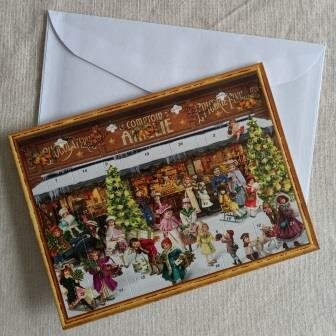 Nostalgische vintage brocante adventskalender kaart Kerst chocolaterie winkel advent calender Christmas chocolate shop 1