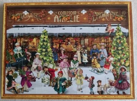 Nostalgische vintage brocante adventskalender kaart Kerst chocolaterie winkel advent calender Christmas chocolate shop