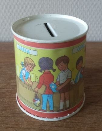 Oude vintage brocante blikken spaarpotje Giro winkel GDR DDR piggy bank tin container