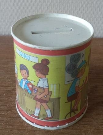Oude vintage brocante blikken spaarpotje Giro winkel GDR DDR piggy bank tin container 1