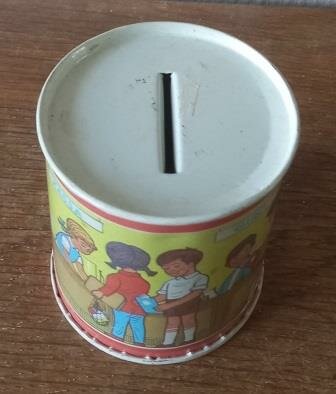 Oude vintage brocante blikken spaarpotje Giro winkel GDR DDR piggy bank tin container 3