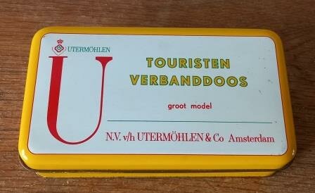 Oude vintage brocante blikje Utermohlen touristen verbanddoos groot model tin first aid kit 4