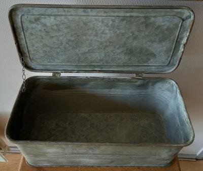 Vintage brocante zinken metalen opbergbak met deksel large groot Sommerfield zinc storage box 5