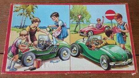 Oude vintage brocante houten legpuzzel kindjes autootjes wooden jig-saw puzzle kolibri children with cars
