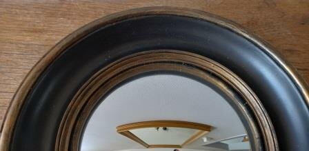 Vintage barok brocante zwarte gouden brons ronde bolle wandspiegel round convex mirror 2