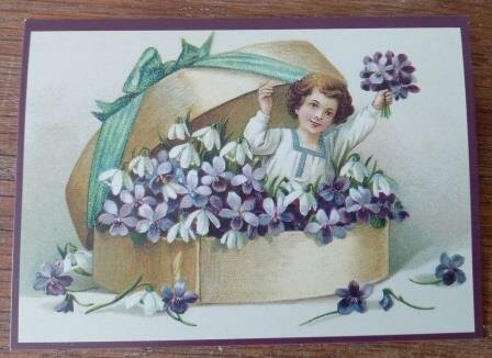 Nostalgische brocante ansichtkaarten vintage kindjes viooltjes bloemen cadeaudoos postcard child violets mail