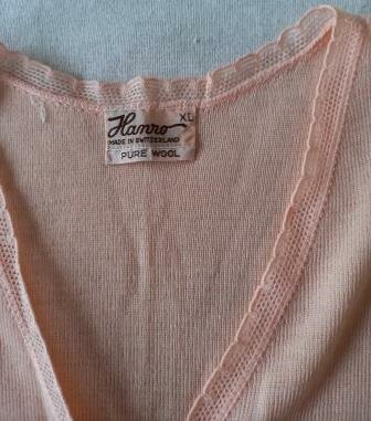 Vintage brocante oudroze puur wollen wool hemd vest knoopjes kant cardigan underwear pink Hanro XL 1
