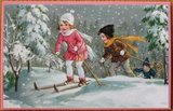 Brocante kerstkaart vintage kindjes op ski's in sneeuw_